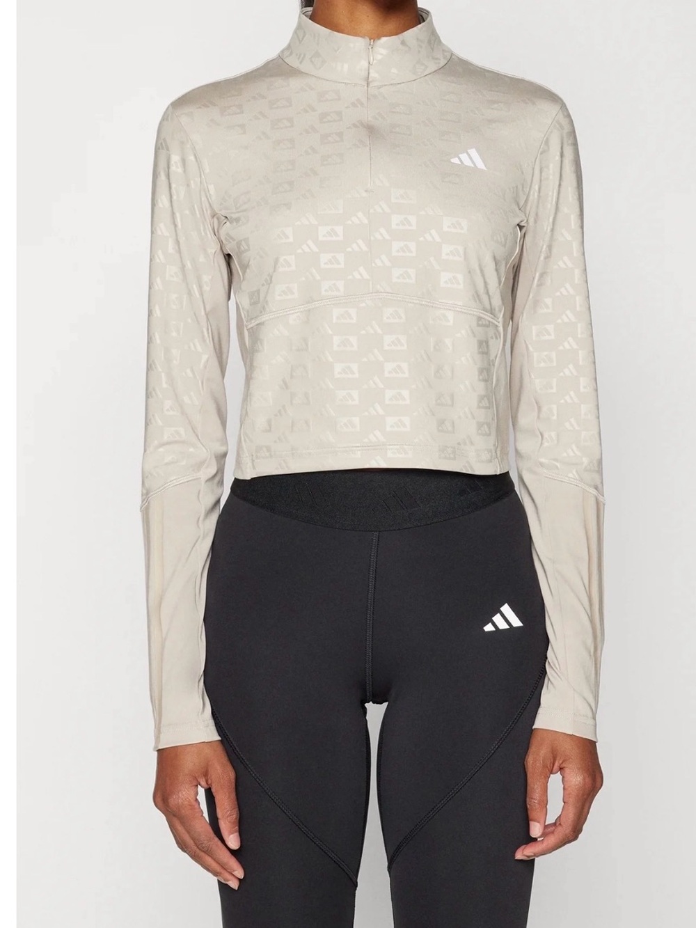 adidas Beige Cropped Long Sleeve Zip-Highneck Top